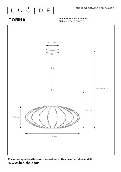 Lucide CORINA - Suspension - Ø 50 cm - 1xE27 - Crème - technique